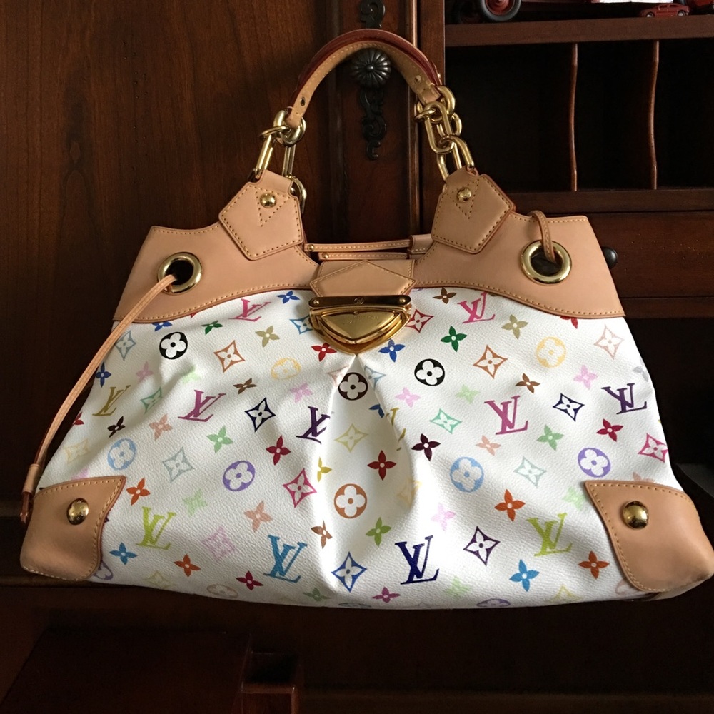 Louis Vuitton Multicolor Monogram White Canvas Shoulder Bag with Tan Trim